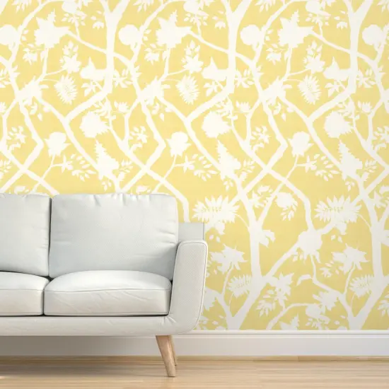 Peel & Stick Wallpaper 2FT Wide Chinoiserie Butter Yellow Cream Floral Flower Silhouette Timeless Grandmillenial Custom Removable Wallpaper by Spoonflower {5}