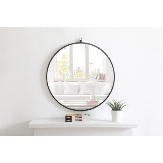 Metal frame Round Mirror with decorative hook 28 inch Black finish {3}