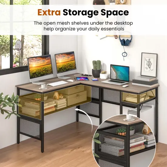 Costway Reversible L-Shaped Computer Desk with Charging Station Adjustable Shelf CPU Stand {2}