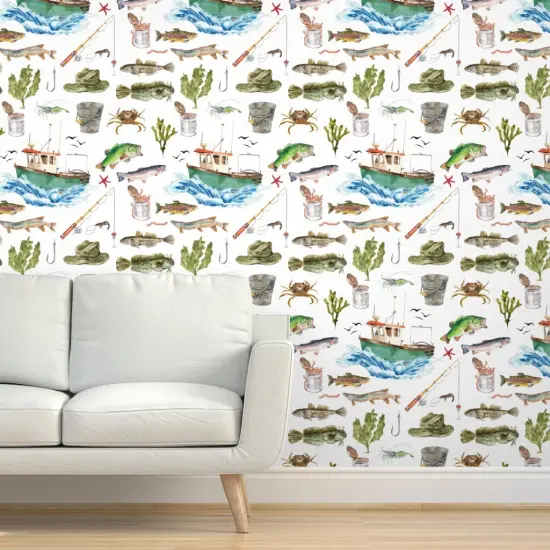 Pre-Pasted Wallpaper 2FT Wide Watercolor Adventure Fish Boat Nautical Custom Pre-pasted Wallpaper by Spoonflower {5}