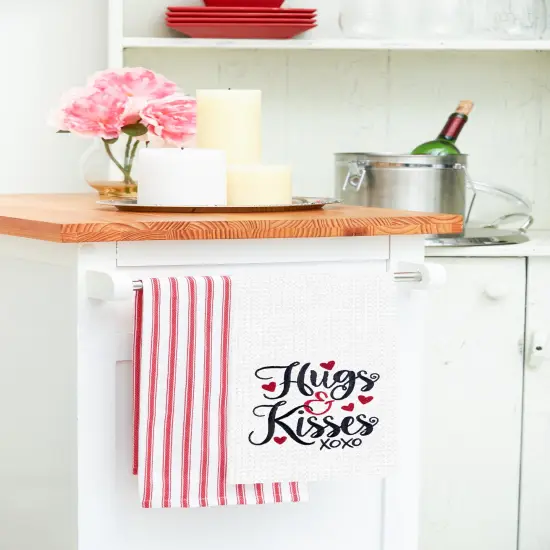 Valentine's Day "Hugs & Kisses" XOXO Embroidered Waffle Weave Kitchen Dishtowel {3}