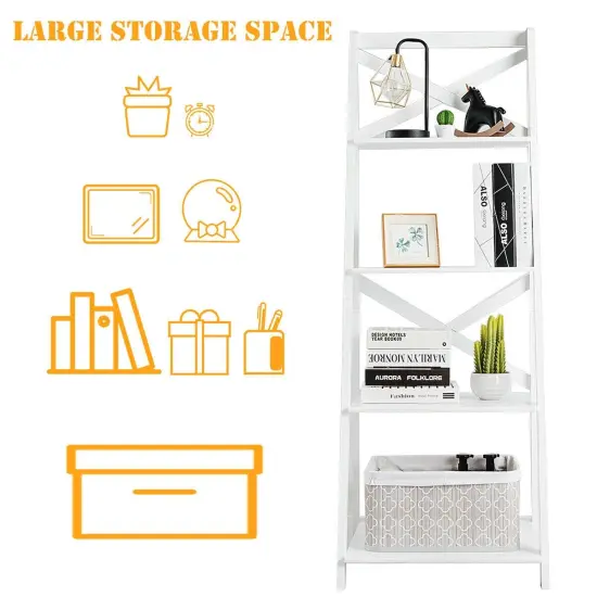 2 Piece MDF 4-Tier Ladder Shelf Bookshelf Rack for Home and Office White {3}