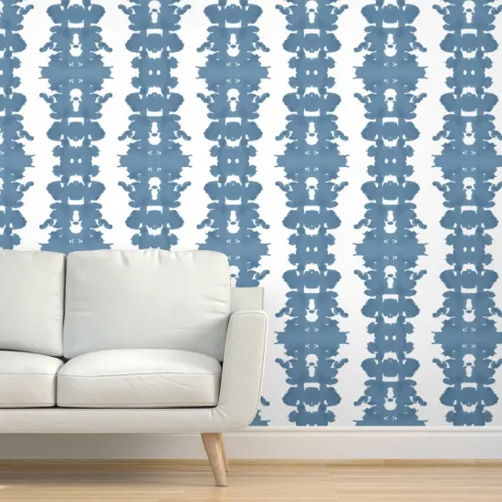 Pre-Pasted Wallpaper 2FT Wide Inkblot Stripe Blue White Denim Large Scale Abstract Modern Custom Pre-pasted Wallpaper by Spoonflower {5}