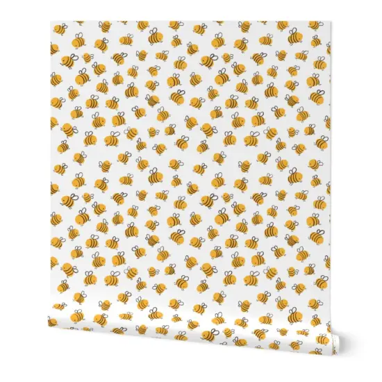 Peel & Stick Wallpaper 2FT Wide Yellow Whimsical Summer Hand Drawn Insect Bee Naive Bumblebee Spring Honey Whimsical Medium Scale Custom Removable Wallpaper by Spoonflower {7}