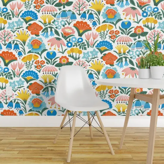 Pre-Pasted Wallpaper 2FT Wide Scandinavian Floral Folk Flowers Pink Yellow Blue Garden Botanical Vintage Retro Midcentury Modern Custom Pre-pasted Wallpaper by Spoonflower {1}