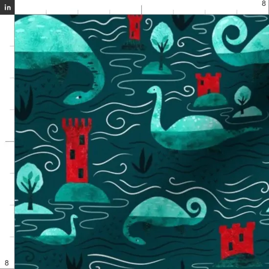 Various Fabrics by the Yard or Fat Quarter Loch Ness Monster Nessie Teal Blue Red Scotland Mythology Cryptozoology Custom Printed Fabric by Spoonflower {4}