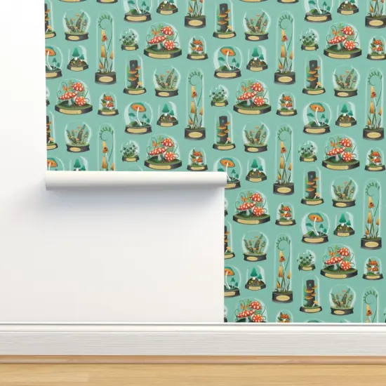 Peel & Stick Wallpaper 2FT Wide Whimsical Nature Small Scale Toadstool Forest Forage Plants Greenhouse Blue Green Custom Removable Wallpaper by Spoonflower {2}