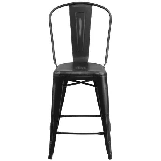 Merrick Lane Sabine Metal Indoor-Outdoor Counter Stool with Vertical Slat Back and Integrated Footrest Black {3}