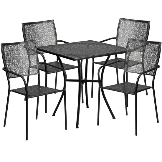 Emma and Oliver Commercial Grade 28" Square Metal Garden Patio Table Set w/ 4 Square Back Chairs Black {1}