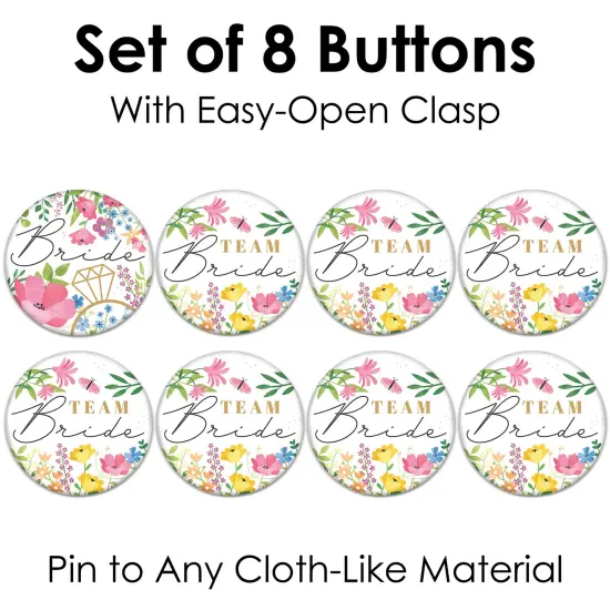 Big Dot of Happiness Wildflowers Bride - 3 inch Boho Floral Bridal Shower and Wedding Party Badge - Pinback Buttons - Set of 8 {7}