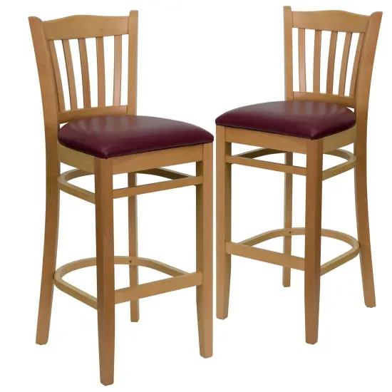 Emma and Oliver 2 Pack Vertical Slat Back Wooden Restaurant Barstool BurgundyVYL/Natural {1}