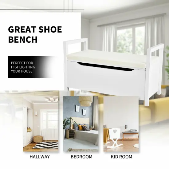 Shoe Bench Hallway Entryway Storage Rack with Cushion Seat White {6}