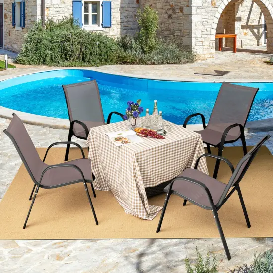 Costway Set of 4 Patio Dining Chairs Stackable Armrest Space Saving Garden Brown/Grey {2}