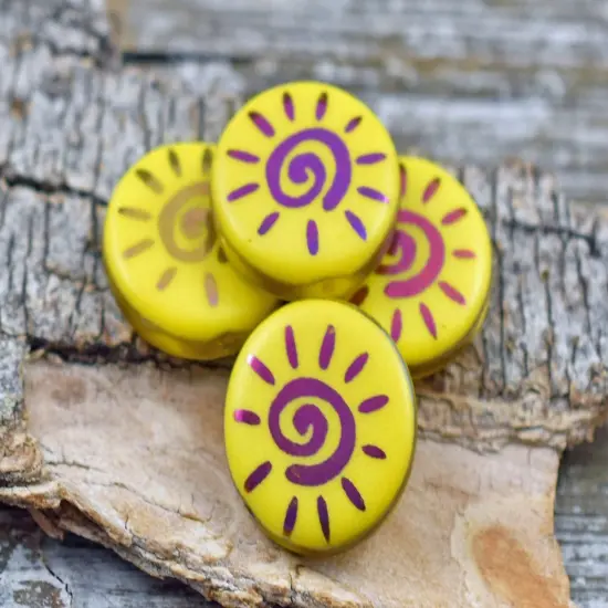 *8* 14mm Opaque Yellow Sliperit Laser Etched Sun Design Coin Beads {2}