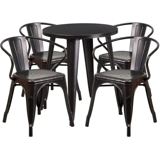 Emma and Oliver Commercial Grade 24" Round Metal Indoor-Outdoor Table Set with 4 Arm Chairs Black-Antique Gold {1}