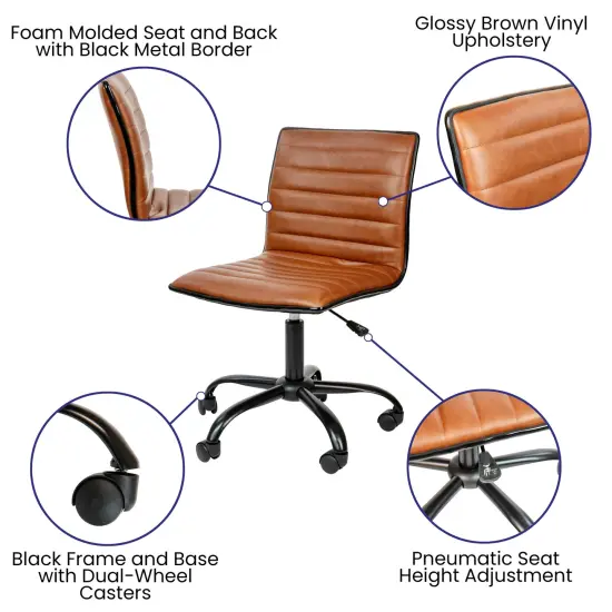 Merrick Lane Amelie Home Office Chair Ergonomic Executive Ribbed Low Back Armless Computer Desk Chair - Base, Frame & Border BrownVinyl/Black {2}