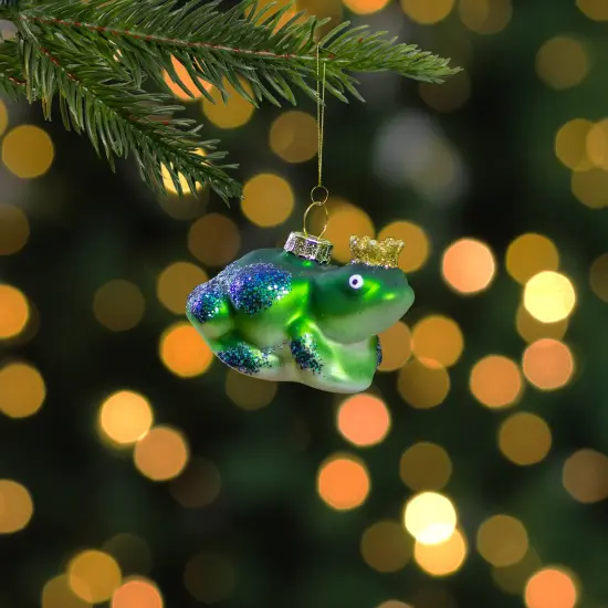 Northlight Prince Frog in a Crown Glass Christmas Ornament - 3" - Green and Blue {3}