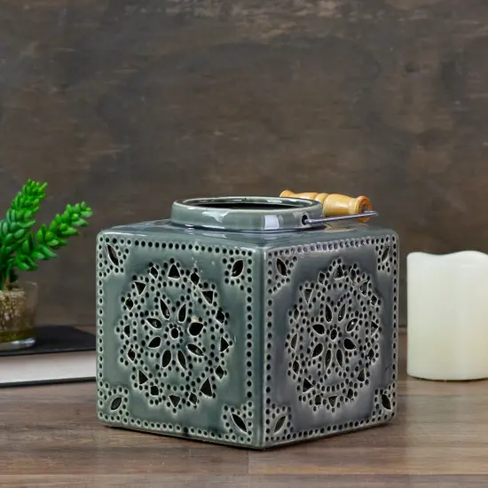 Koopman International 6.75" Dark Olive Green Square Crackle Finish Mosaic Cut Out Candle Lantern {3}