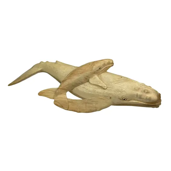 Beautiful Carved Teak Wood Humpback Whale and Baby Tabletop Statue 20 Inch {1}
