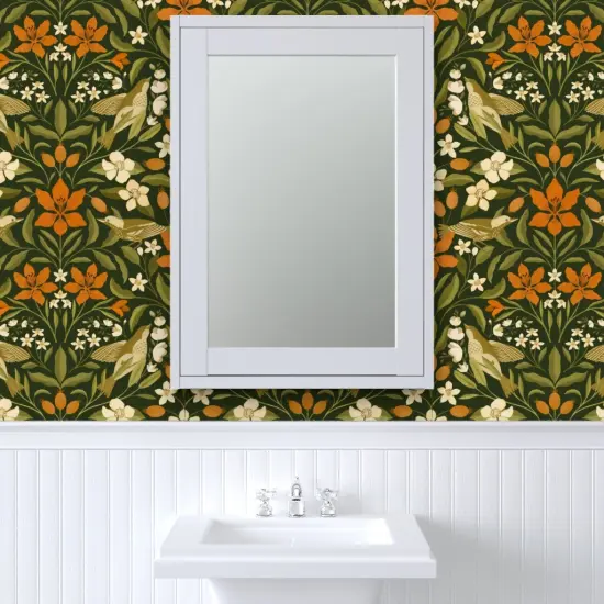 Pre-Pasted Wallpaper 2FT Wide Jumbo Floral Green Leaves Orange Lily Flowers Birds Custom Pre-pasted Wallpaper by Spoonflower {6}