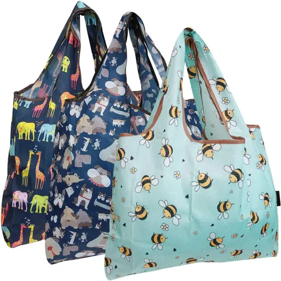 Wrapables Large Foldable Tote Nylon Reusable Grocery Bag, 3 Pack Animal Fun {1}