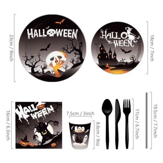 inQ Boutique Halloween Black Disposable Tableware Paper Plates - 68PCS Dinnerware Party Cutlery Kit {2}