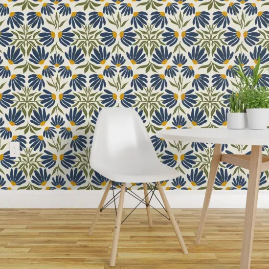 Peel & Stick Wallpaper 2FT Wide Echinacea Botanical Tile Wildflower Blue Yellow Gold Coneflowers Native Species Custom Removable Wallpaper by Spoonflower {1}