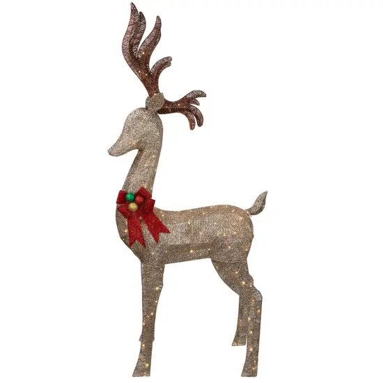 Northlight 74" LED Lighted Champagne Deer with Red Bow Outdoor Christmas Decoration Gold {5}
