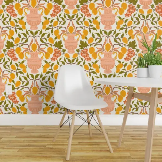 Peel & Stick Wallpaper 2FT Wide Floral Pink Fruit Damask Lemons Italian Botanical Grapes Vases Grape Vines Lemon Large Scale Rococo Classical Custom Removable Wallpaper by Spoonflower {1}