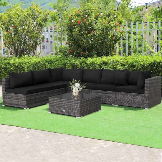 7 Pieces Patio Rattan Furniture Set with Sectional Sofa Cushioned-Black {1}