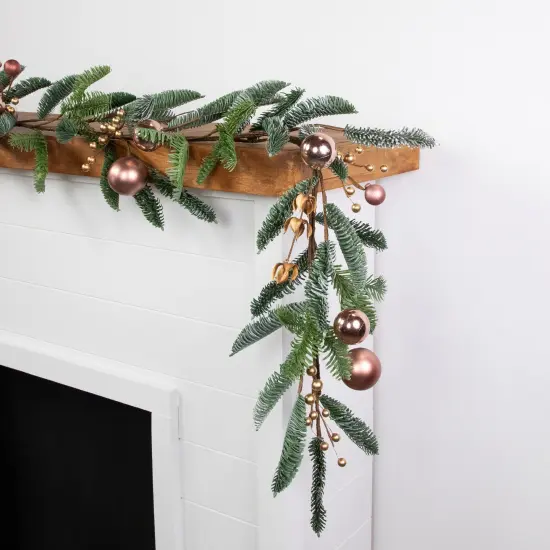 Northlight 6' Rose Gold Ball Ornaments and Berries Artificial Christmas Garland Unlit Green {7}