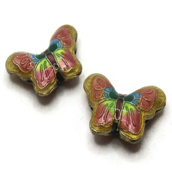 2 23mm Yellow and Pink Butterflies Cloisonne Metal Butterfly Beads {6}