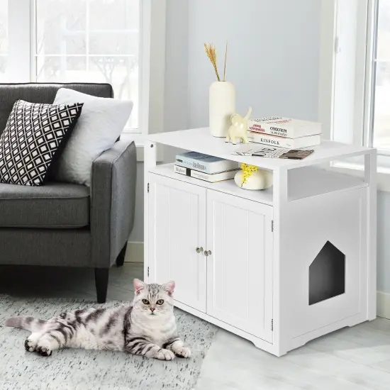 Wooden Cat Litter Box Enclosure Hidden Cat Washroom with Storage Layer White {6}