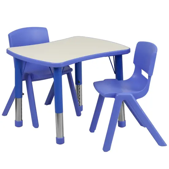 Emma and Oliver 21.875"W x 26.625"L Rectangular Plastic Height Adjustable Activity Table Set with 2 Chairs Blue {1}