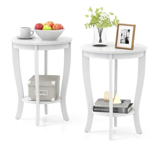 Costway 2 PCS 2-Tier End Table 18'' Round Compact Sofa Side Nightstand with Storage Shelf Espresso/White {8}