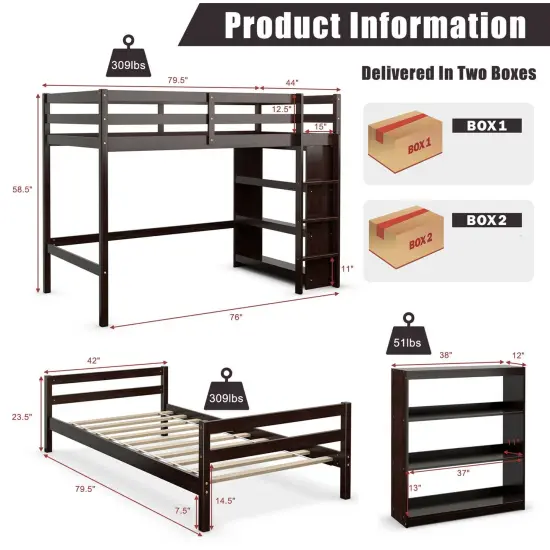Twin Over Twin Loft Bunk Bed with Bookcase Dark Brown {5}