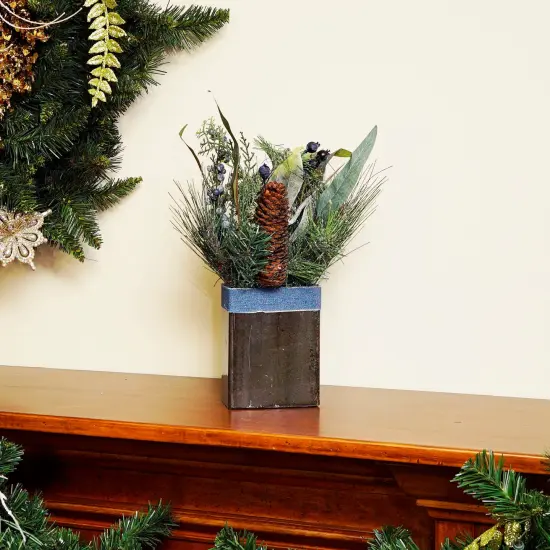 Northlight 13" Green and Blue Square Potted Frosted Blueberry Artificial Christmas Arrangement {4}