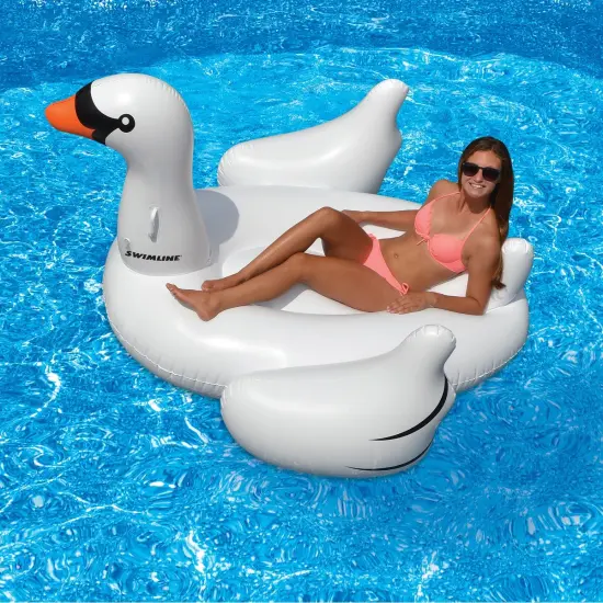 Swim Central 75" Inflatable White and Black Giant Swan Swimming Pool Ride-On Float Toy {4}