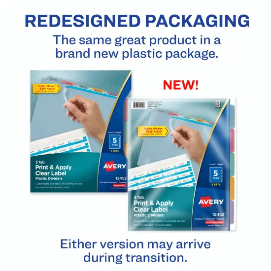 Avery 5 Tab Plastic Dividers for 3 Ring Binder, Easy Print & Apply Clear Label Strip, Index Maker Customizable Multicolor Tabs, 5 Sets (11452) {2}