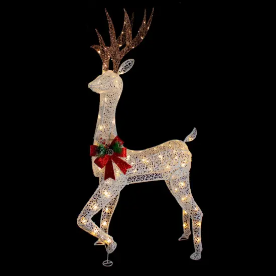 Northlight 60" LED Lighted Glitter Reindeer with Red Bow Outdoor Christmas Decoration White {4}