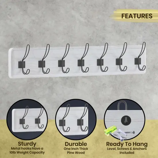 HBCY Creations Wall Mounted Storage Rack - Pine Wood Construction - 7 Hooks - Ideal for Entryway, Kitchen, Bathroom and More Brown {5}