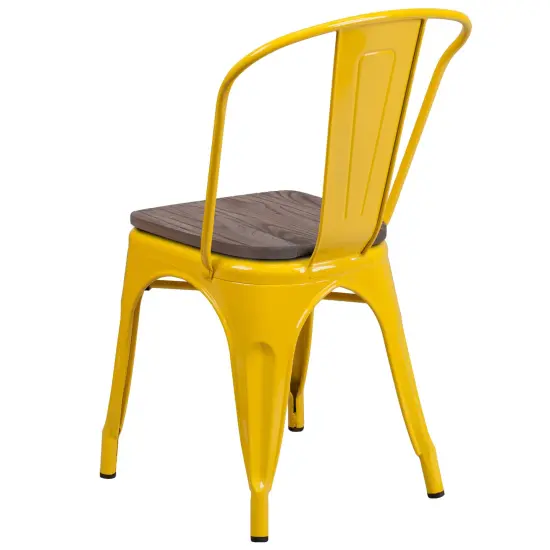 Merrick Lane Amsterdam Series Dining Chair - Blue Metal Frame - Textured Wooden Seat - Slatted, Curved Back Yellow {4}