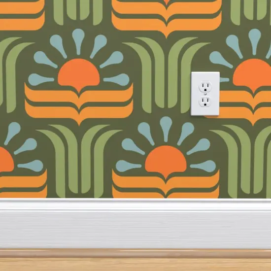 Pre-Pasted Wallpaper 2FT Wide Geometric Floral Retro Botanical Art Nouveau 70S Groovy Boho Scandi Orange Green Custom Pre-pasted Wallpaper by Spoonflower {4}