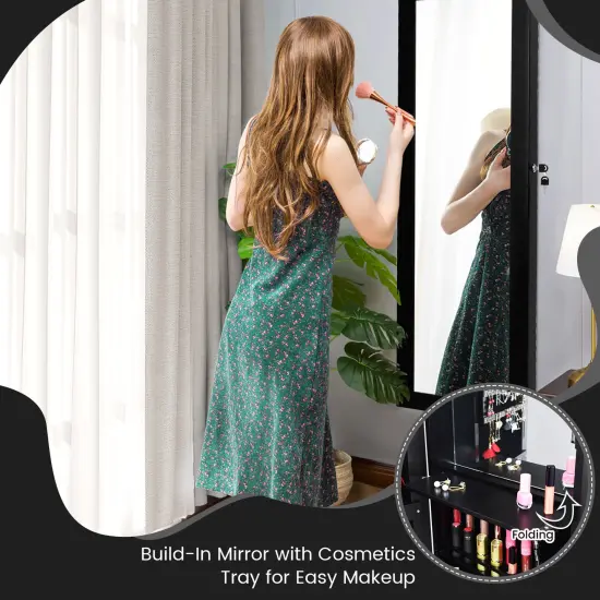 Lockable Wall Door Mounted Mirror Jewelry Cabinet with LED Lights Black {3}