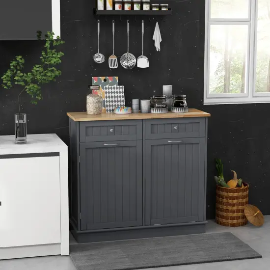 Rubber Wood Kitchen Trash Cabinet with Single Trash Can Holder and Adjustable Shelf Grey {2}
