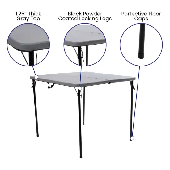Emma and Oliver 2.83-Foot Square Bi-Fold Plastic Folding Table with Carrying Handle Gray {2}
