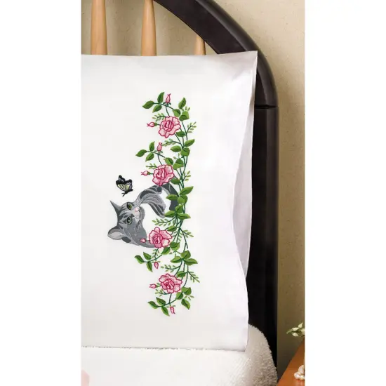 Tobin Stamped For Embroidery Pillowcase Pair 20"X30"-Grey Cat {2}