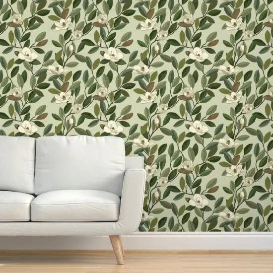 Peel & Stick Wallpaper 2FT Wide Magnolia Blooms Green White Flowers Botanical Floral Custom Removable Wallpaper by Spoonflower {5}