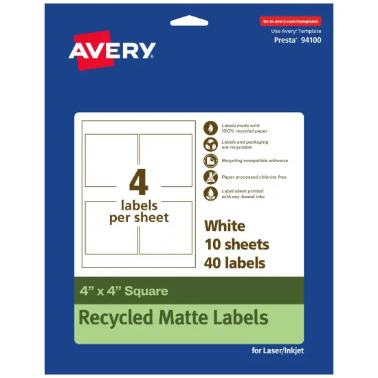 Avery Recycled Matte White Labels,4" x 4" Square {7}