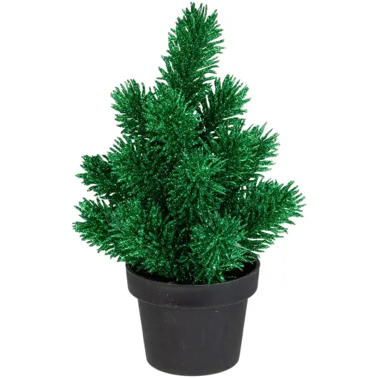 Northlight Potted Glittered Artificial Pine Christmas Tree - 8.5" - Green - Unlit {1}